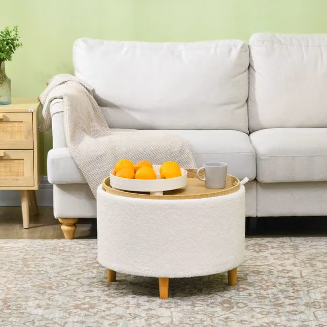 Pouf contenitore rotondo MODFU in poliestere bianco con coperchio ribaltabile, Diametro: 56 cm, Altezza: 42 cm – 1