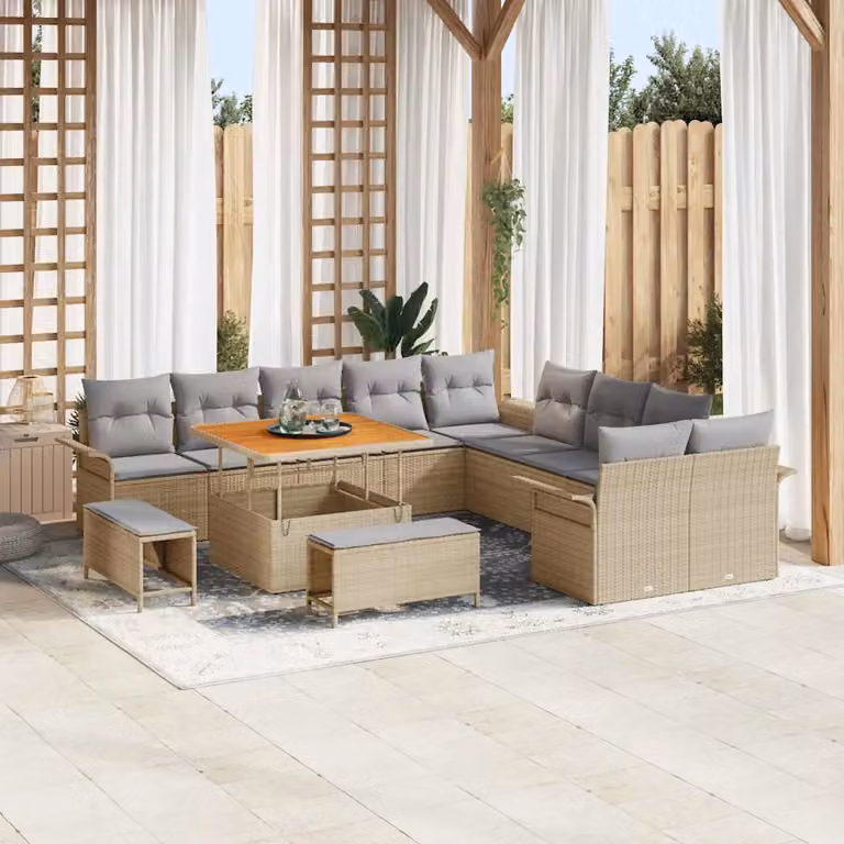 Set Divano da Giardino vidaXL 13 pz in Polyrattan Beige con Cuscini e Tavolino