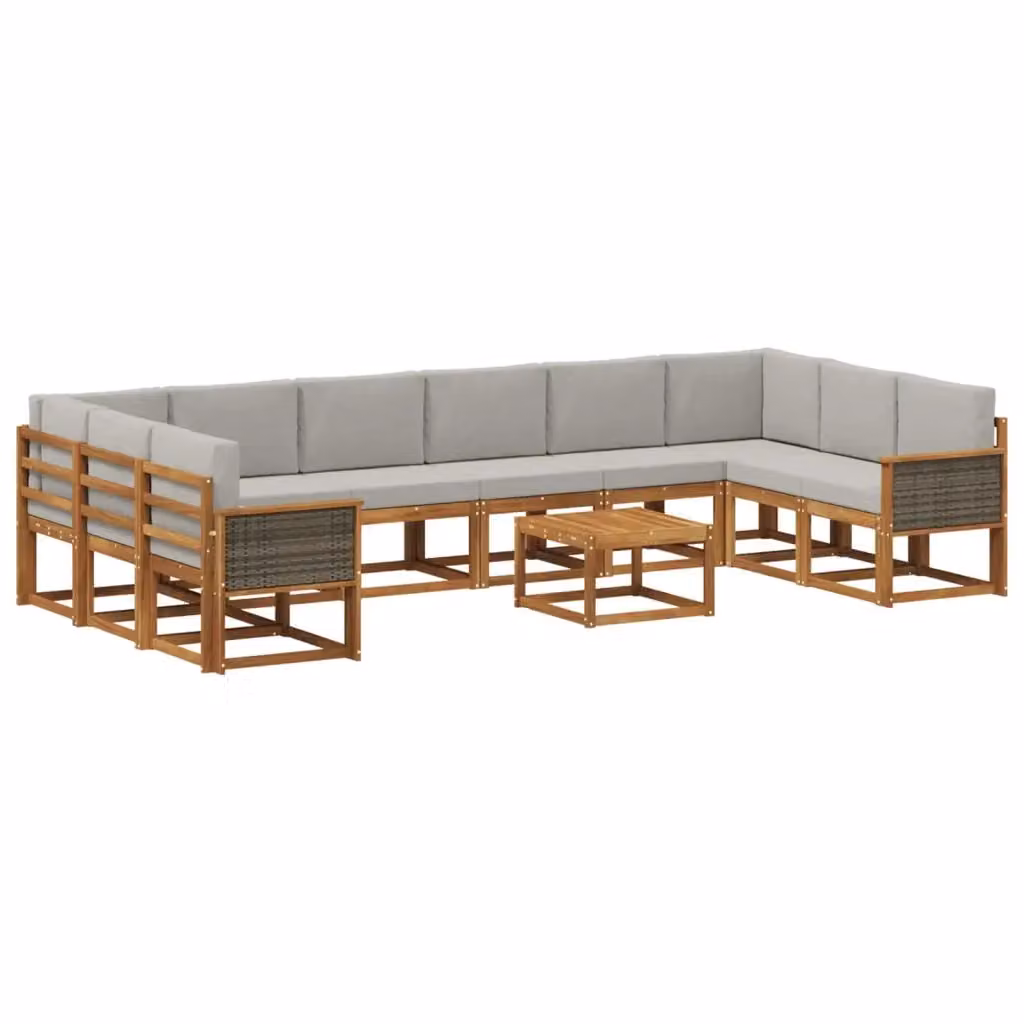Set di divani da esterno vidaXL in legno di acacia con cuscini, 11 pezzi, Marrone e Grigio – 2