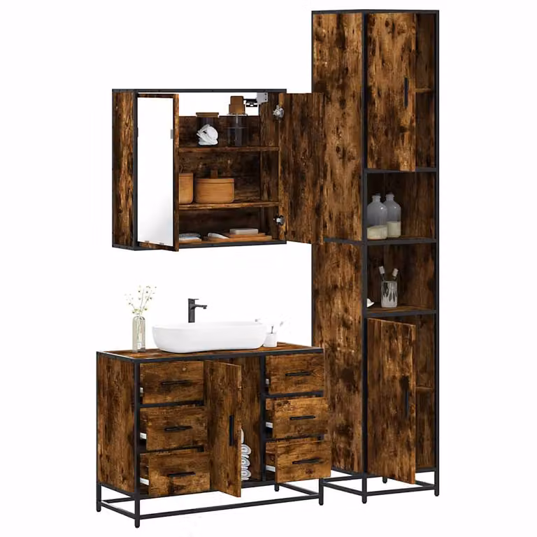 Set di mobili da bagno vidaXL 3 pezzi in stile industriale color rovere marrone con mobile lavabo, armadietto alto e pensile con specchio