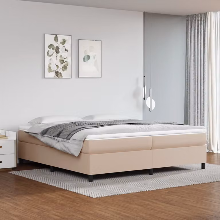 Letto con boxspring e materasso, colore cappuccino, dimensioni 200x200 cm, rivestito in ecopelle