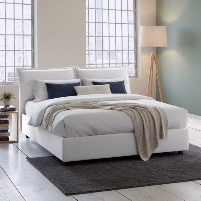 Letto Matrimoniale Anjin Talamo Italia Bianco con Contenitore a Alzata e Struttura Imbottita