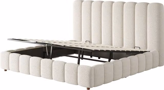 Letto matrimoniale imbottito 180x200 cm con contenitore idraulico, rete a doghe e testiera in tessuto bouclé bianco