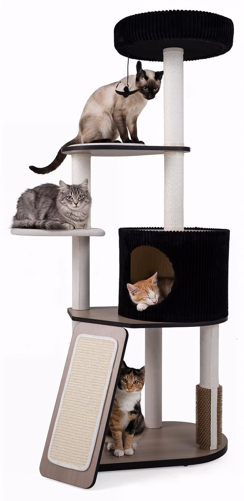 COSTWAY, albero per gatti da 155 cm, torre giochi multistrato con pali per graffiare, rampa, cuccia, area relax in peluche, piattaforme e giocattoli pensili, un mondo di divertimento per il tuo gatto