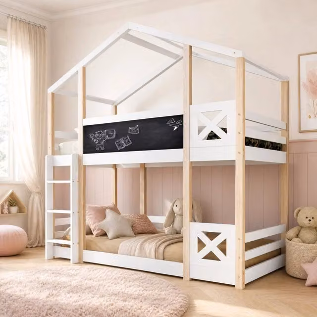 Letto a soppalco per bambini 90x200 cm con scala; lavagna e rete a doghe; bianco