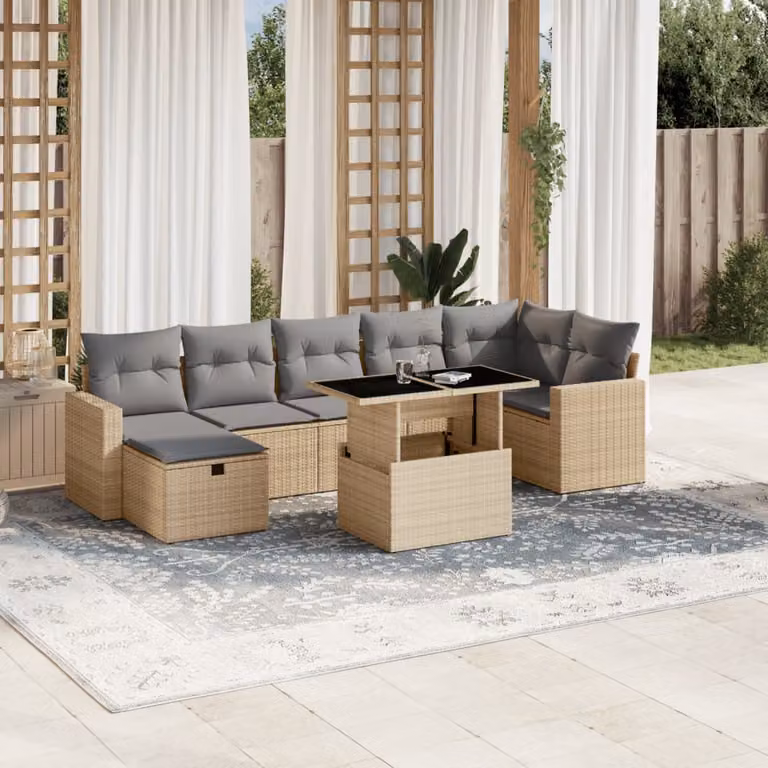 vidaXL Set Divano da Giardino 8 pz a L con Cuscini Beige e Tavolino da Caffè in Polyrattan e Acciaio