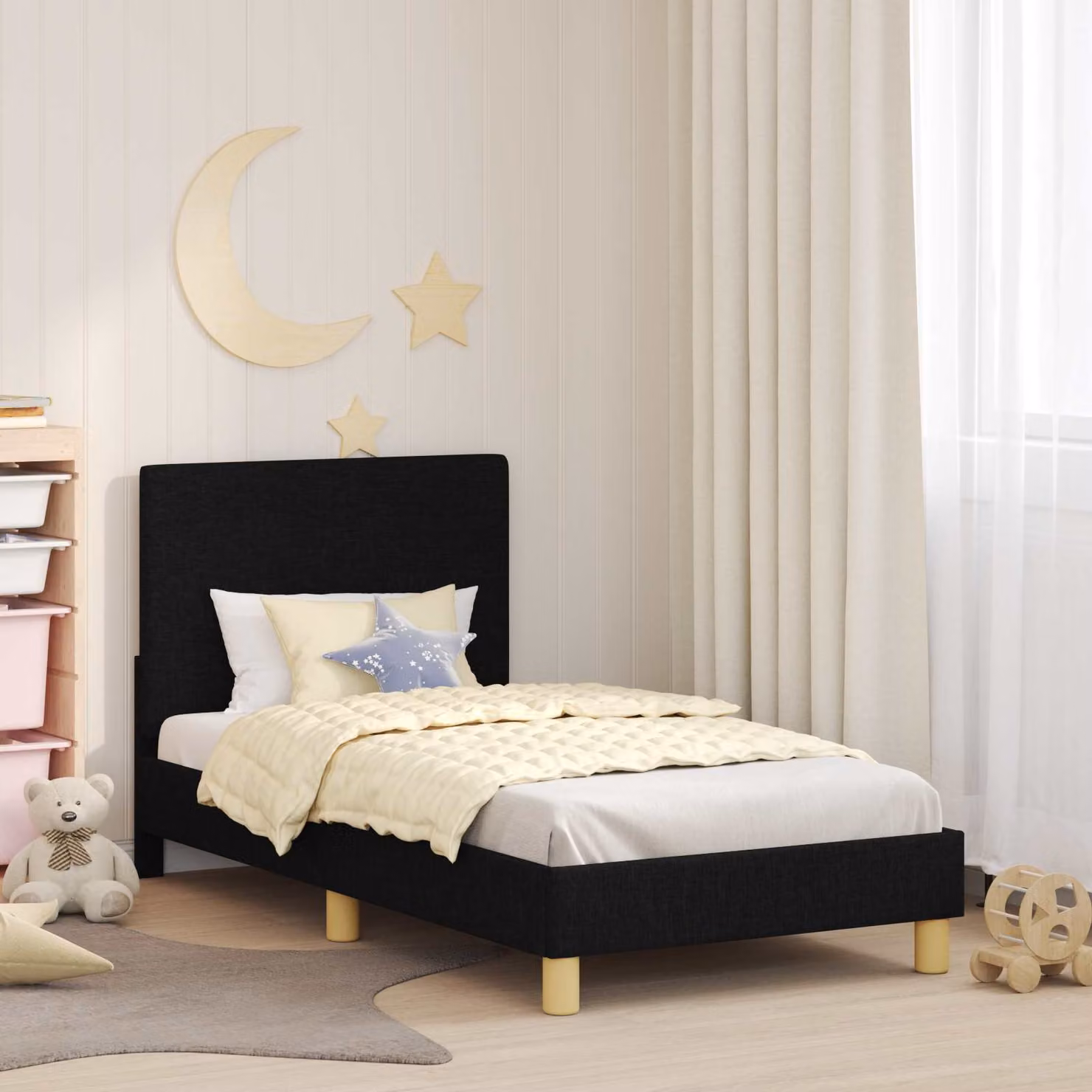 Struttura letto per bambini vidaXL con testata imbottita e ripiani laterali, Nero, 80 x 160 cm