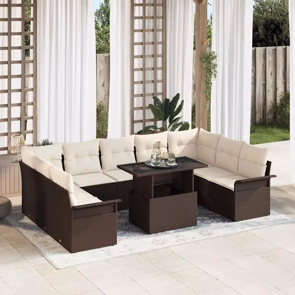 Set Divano da Giardino vidaXL 10 Pezzi in Polyrattan Marrone con Cuscini per Terrazza e Balcone – 1