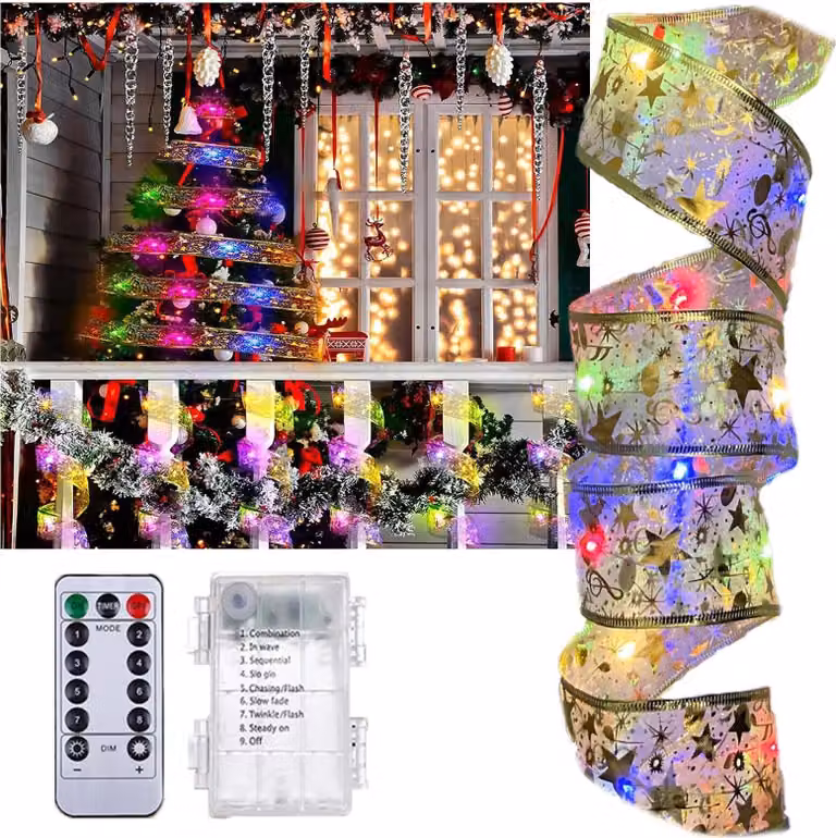 Luci natalizie LED nastro di seta 50 LED Striscia LED con telecomando, 8 modalità, timer, 5 m, oro (multicolore)
