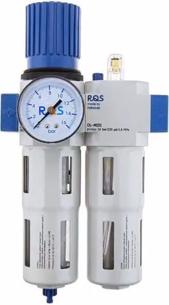 RQS OU-1/2-MIDI Riduttore di pressione con manometro, separatore d'acqua, oliatore (nebulizzatore d'olio)
