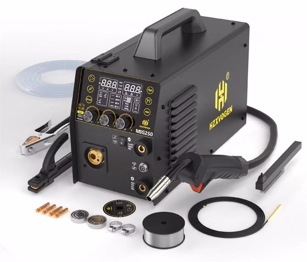 Saldatrice MIG250 - 5 in 1: MIG/MAG, MMA, TIG - Adatta all'uso con o senza gas - Per l'alluminio - Inverter IGBT con ampio display LED - Alimentazione 220–240V, spina EU