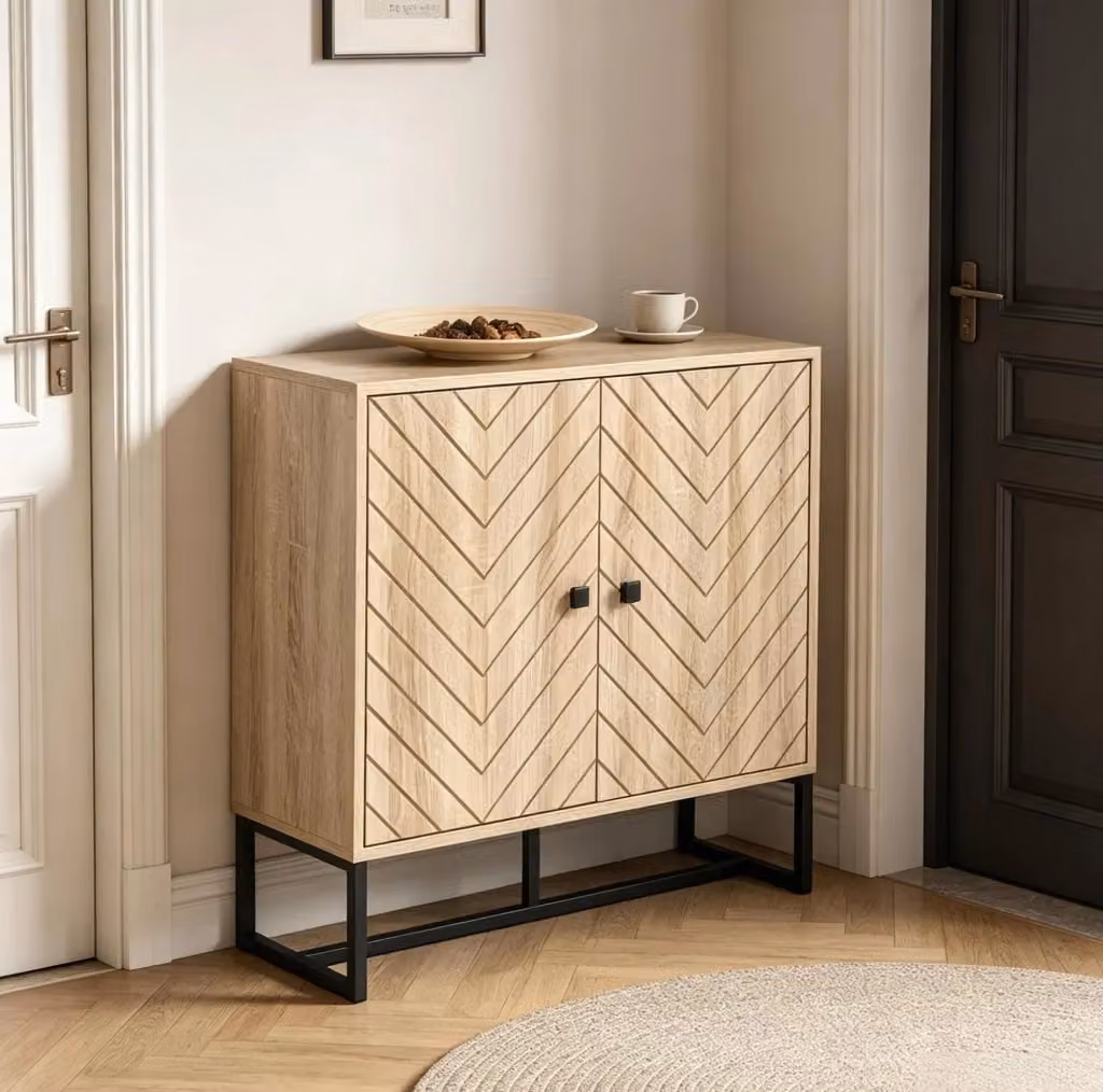 Credenza contenitore moderna in MDF e metallo con ripiani regolabili, nero e legno naturale, L: 80 cm, P: 29,5 cm, H: 80 cm – 2
