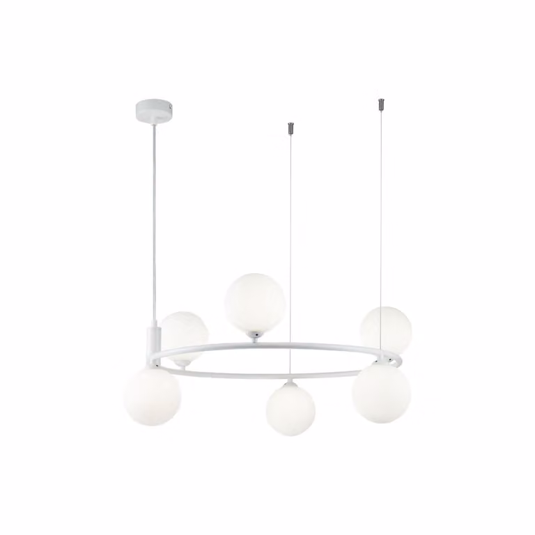 Lampada a sospensione Metallo Vetro G9 Larghezza 58 cm H: max. 184 cm Paralume bianco a 6 luci Moderno