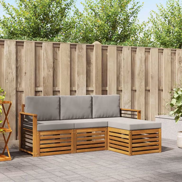 Set di divani da esterno vidaXL a forma di L in legno di acacia con cuscini, colore grigio e bianco