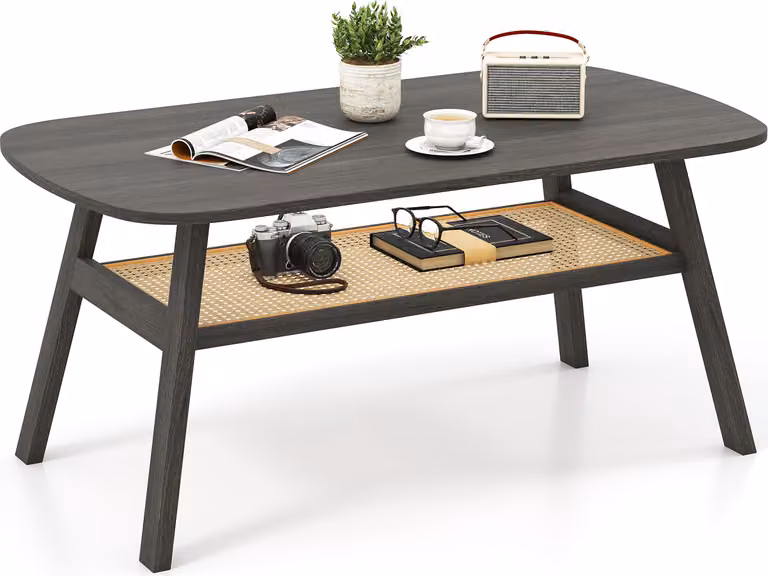 Tavolino da caffè a 2 livelli COSTWAY, tavolo rettangolare con ripiano in rattan e gambe in legno di gomma, tavolino da cocktail rustico per il soggiorno
