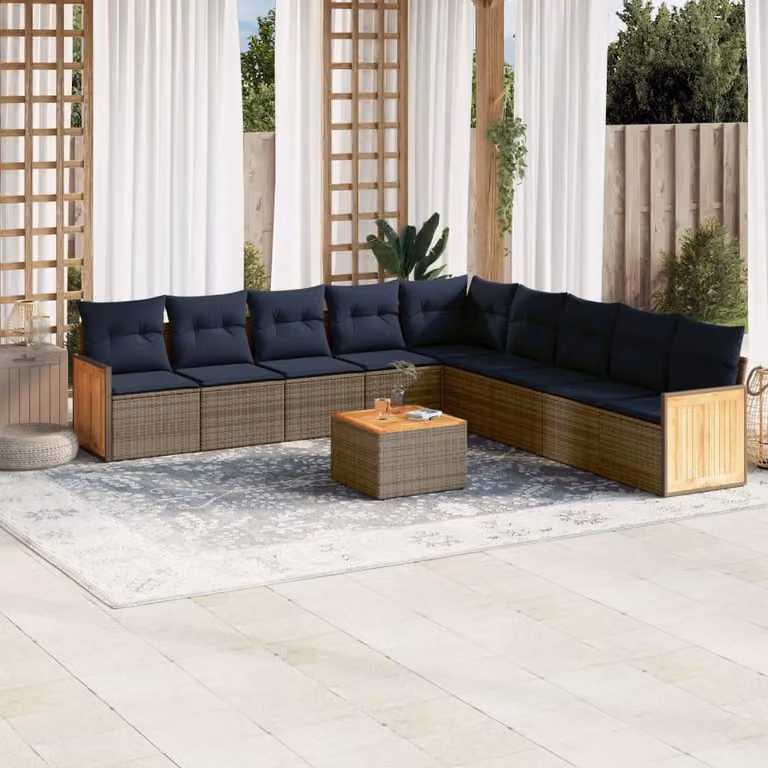 Set di divani da giardino vidaXL 10 pezzi in polyrattan con cuscini grigi e legno di acacia oliato