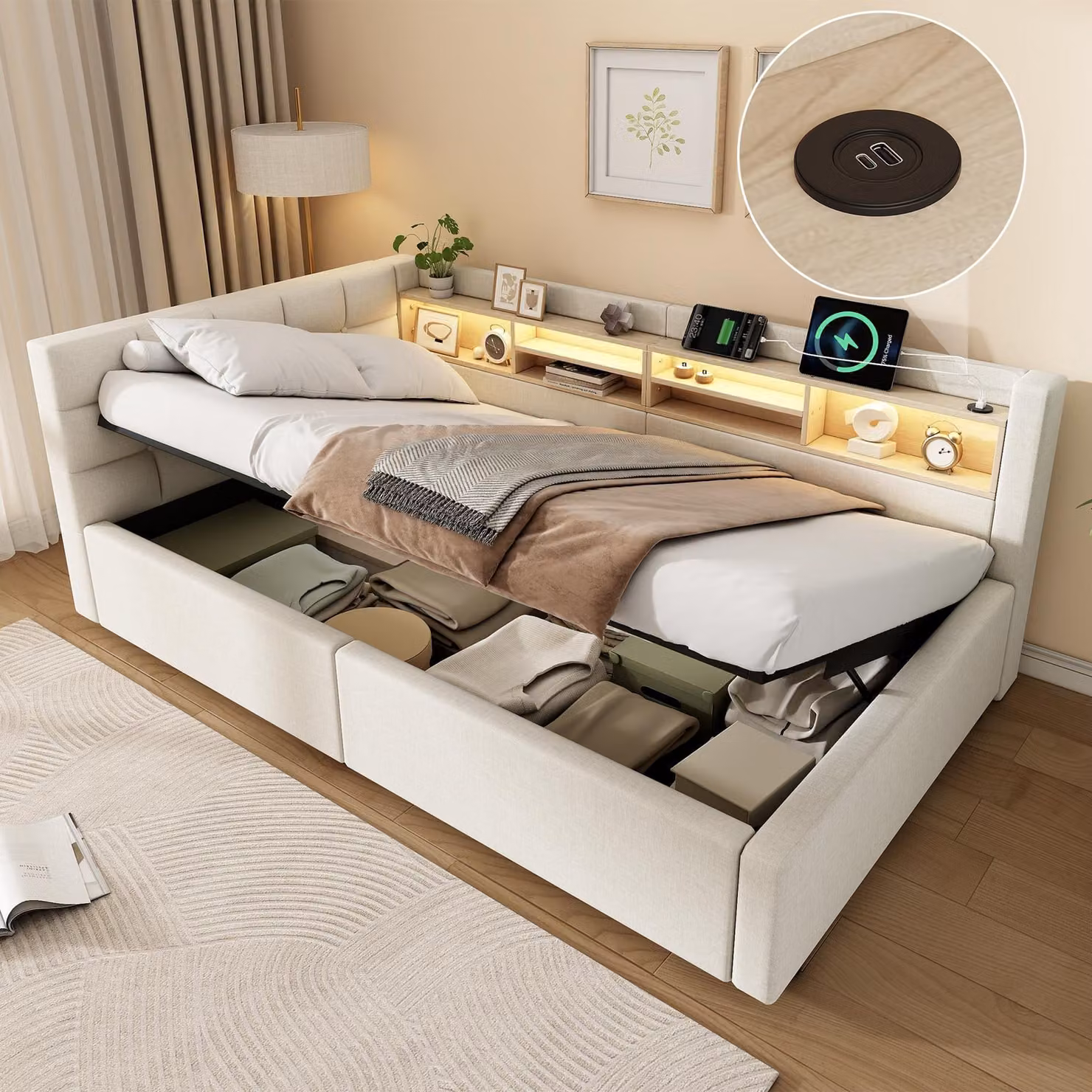 Divano letto Flieks 90x200 cm con USB e rivestimento in ecopelle, letto imbottito per ragazzi con contenitore a sollevamento idraulico e ripiani, divano letto "daybed" in lino, color beige