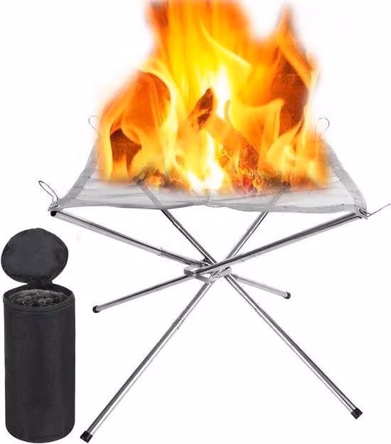 Braciere da esterno con diametro di 42 cm, braciere in metallo pieghevole con custodia da viaggio, ideale per il campeggio e i picnic, realizzato in acciaio inossidabile.