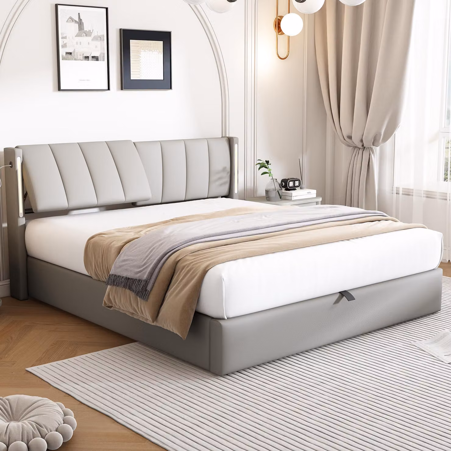 Letto imbottito 140 x 190 cm con illuminazione a LED, porta USB, spazio contenitore con sistema idraulico, poggiatesta regolabile e rete a doghe, rivestito in ecopelle