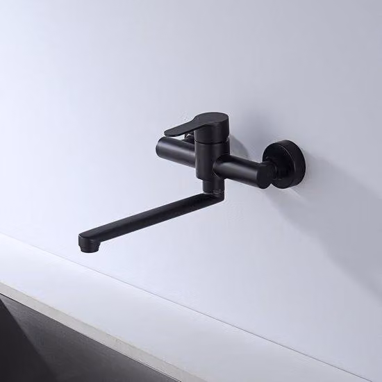 Rubinetto da cucina a parete, con braccio girevole a 360 gradi, lunghezza 23 cm, acciaio grezzo, nero