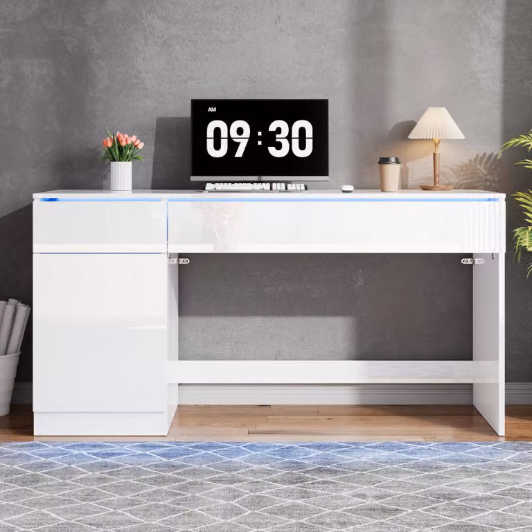MODFU Scrivania lucida con LED, 120 x 50 cm, scrivania per computer con ampio piano di lavoro, 2 cassetti e 1 ante, ideale come toeletta o scrivania da studio, bianca