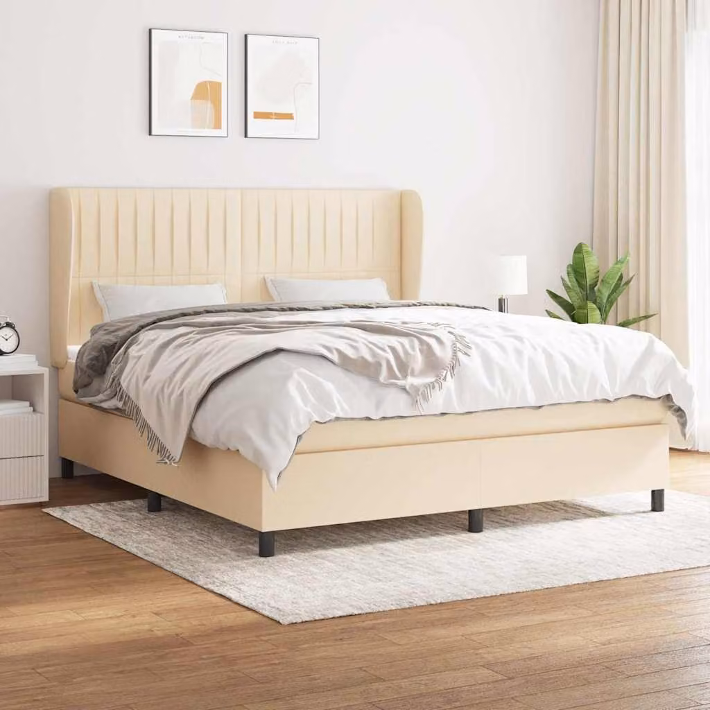 vidaXL Giroletto a Molle con Materasso Ibrido in Tessuto Beige e Bianco L/P: 160 x 200 cm