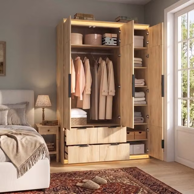 Armadio a tre ante moderno con specchio LED 4 cassetti e 7 vani per camera da letto in MDF rovere 135 × 47 × 200 cm