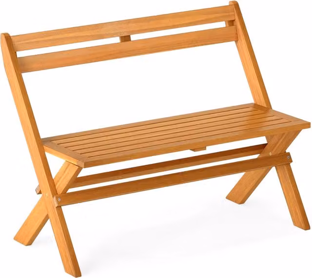 Panca pieghevole da esterno in legno di acacia marrone per 2 persone, panca da giardino resistente fino a 360 kg per balcone e terrazza