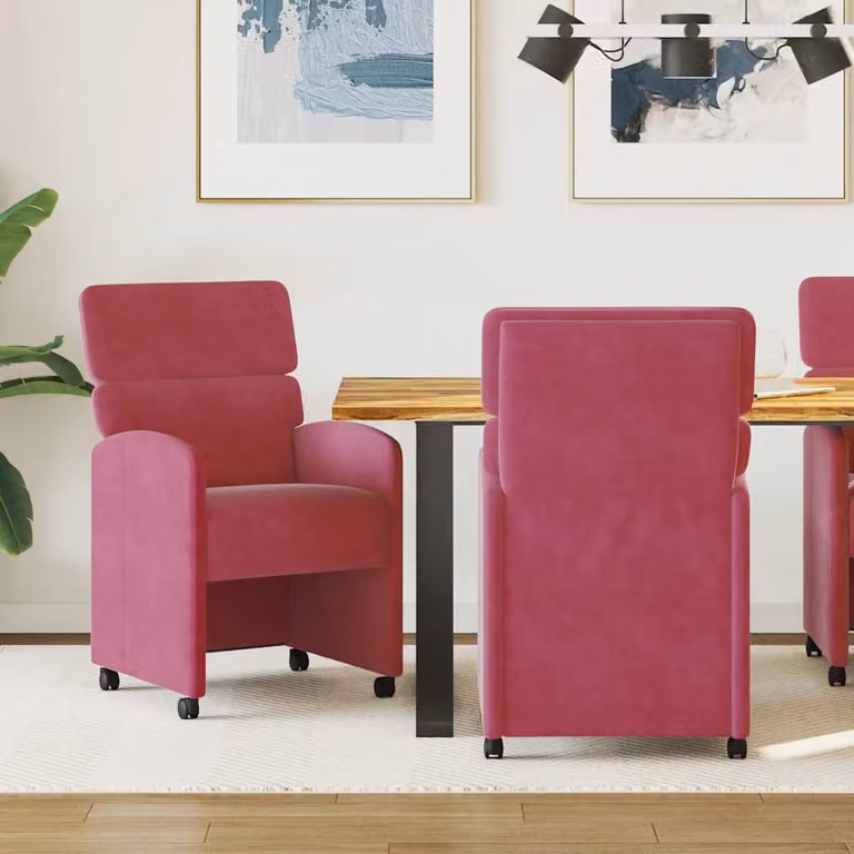 Set di 2 sedie da pranzo vidaXL in velluto rosso vino con ruote e braccioli, L: 58 cm, P: 65 cm, H: 98 cm
