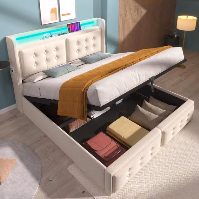 Letto matrimoniale 160x200 con contenitore; LED; prese USB e Type-C; cotone-lino beige