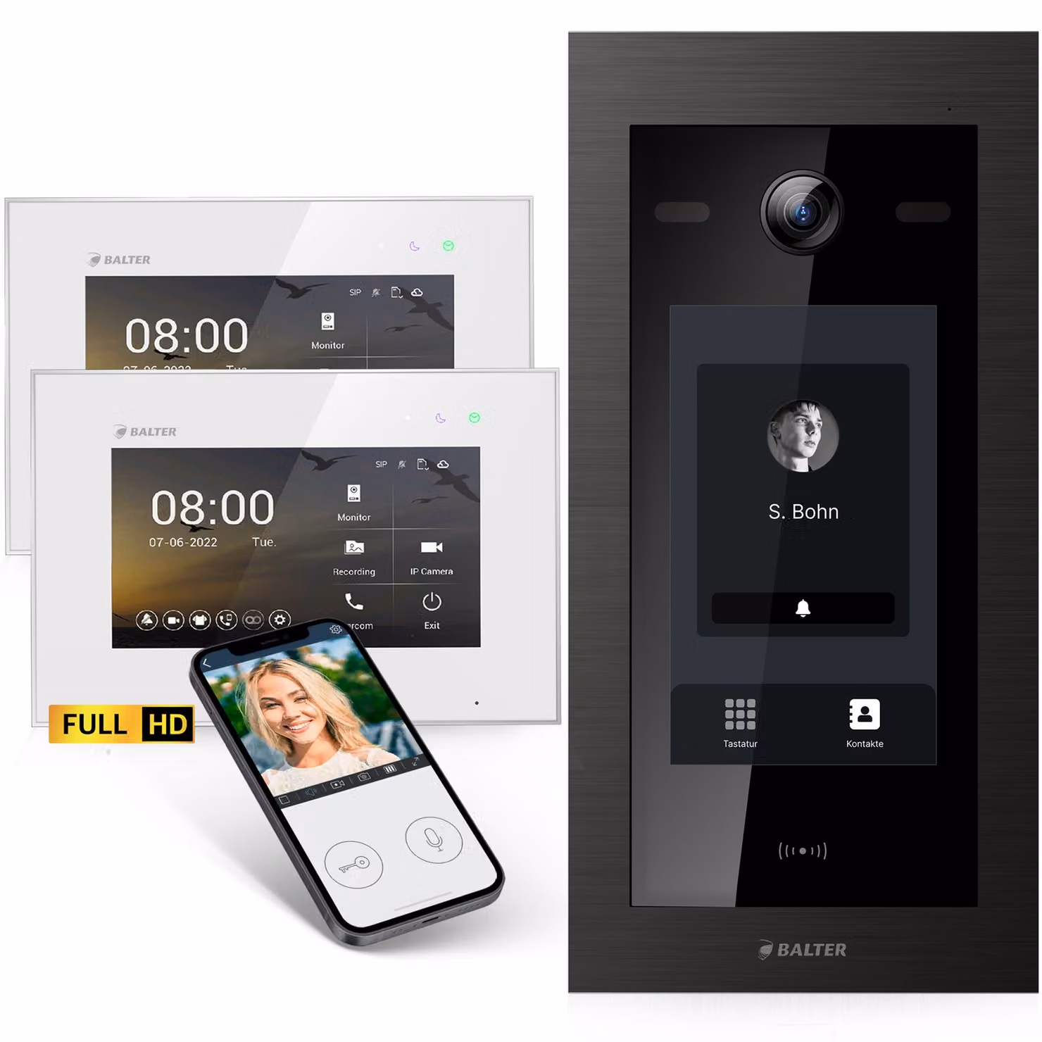 Videocitofono Balter EVO-HD con touchscreen nero, app, 1 casa familiare, 2x monitor da 7 pollici, campanello con telecamera full HD, bus a 2 fili