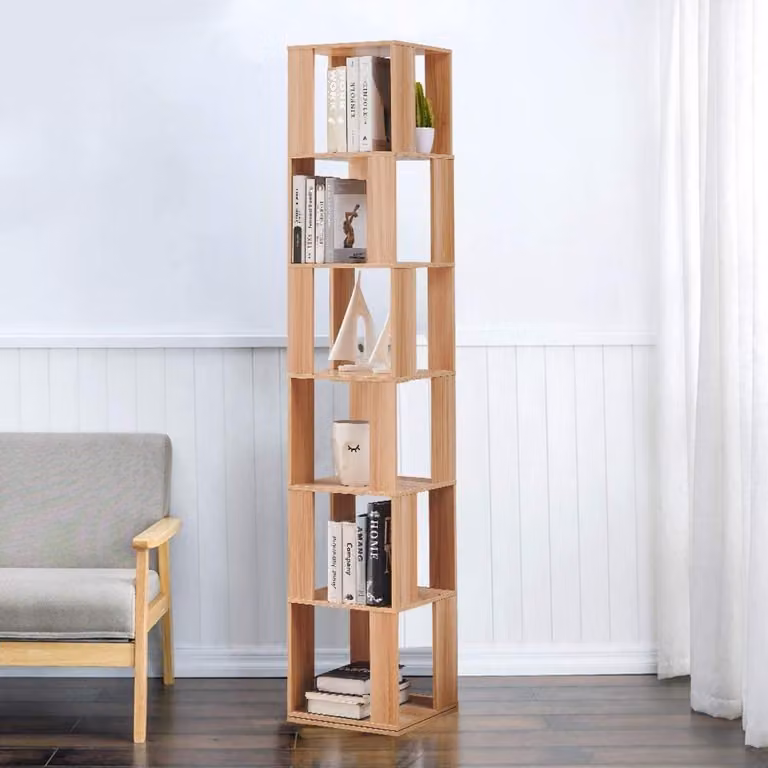 Libreria girevole con 6 ripiani, altezza 190 cm, realizzata in MDF con finitura in legno naturale, ideale per angoli