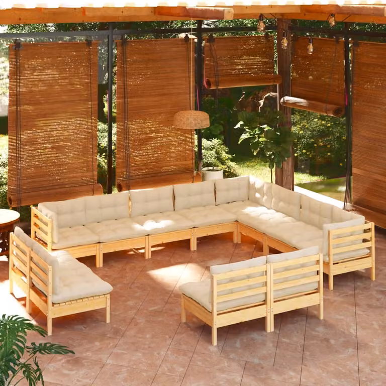 The Living Store Set da giardino da 12 pezzi con cuscini crema in legno di pino massiccio