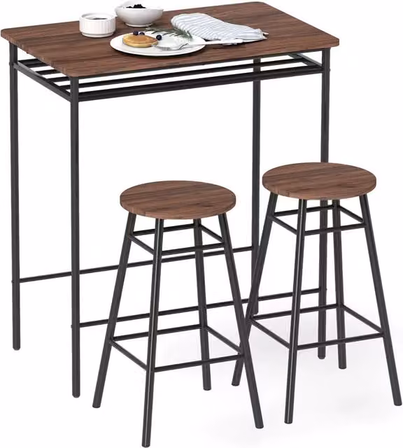 Set da cucina Minimal con tavolo quadrato e 2 sgabelli in metallo e MDF, nero e marrone, L/P/H: 90 x 90 x 90 cm – 1
