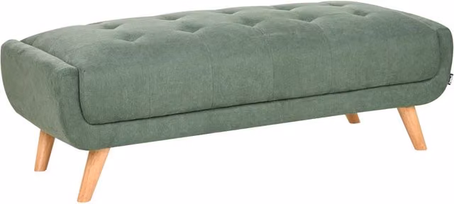 Pouf rettangolare in tessuto color verde, stile retrò, per soggiorno, con gambe in legno
