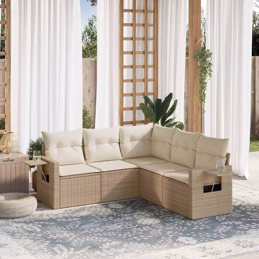 vidaXL Set Divano da Giardino a L 5 pz con Cuscini Beige e Tavolino in Polyrattan e Metallo – 1