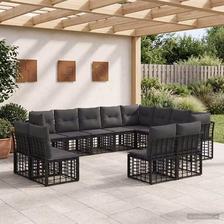 Set di divani da esterno a forma di U vidaXL in polyrattan nero e grigio con cuscini inclusi