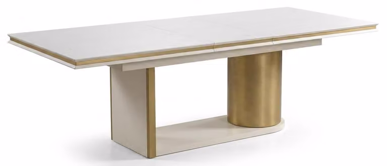 Tavolo da pranzo allungabile, moderno, bianco, in legno e metallo, con dettagli dorati, di grandi dimensioni