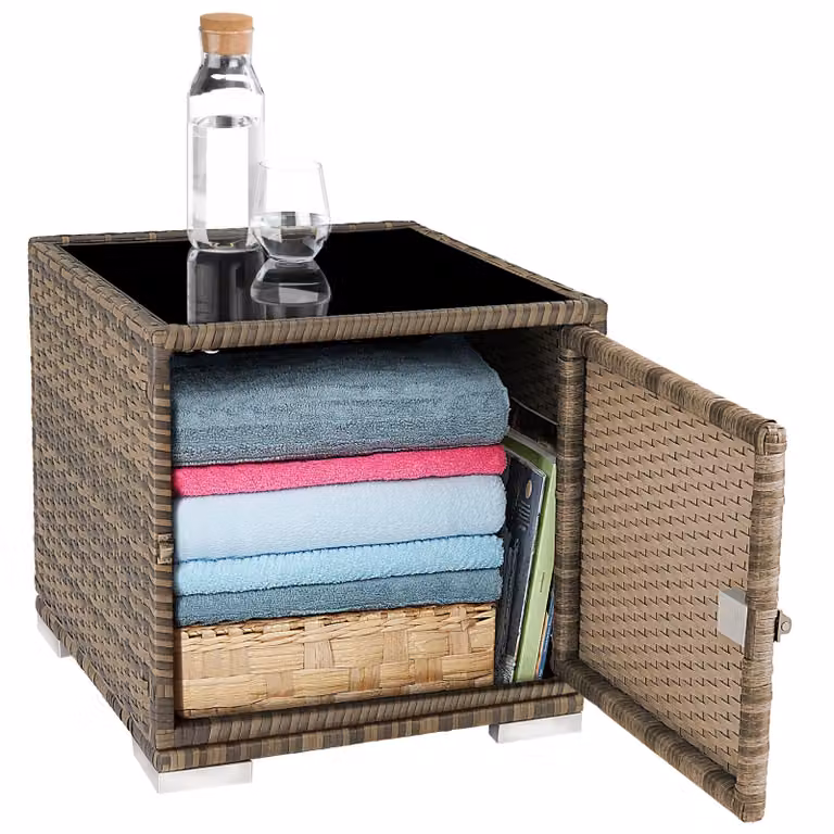 Set di 2 lettini da giardino TecTake in rattan con struttura in alluminio verniciato a polvere e tavolino, con poggiatesta regolabile e copertura protettiva inclusa, colore naturale