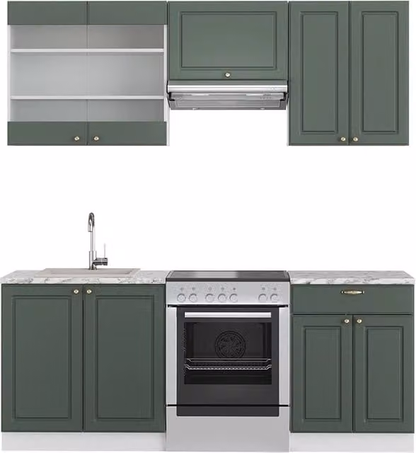 Cucina componibile Fame-Line Vicco in stile country house, colore verde, oro e bianco, L: 200 cm, P: 60 cm, H: 81,6 cm – 1