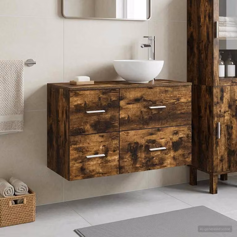 Set di mobili per il bagno vidaXL composto da mobile lavabo e pensile in legno marrone Rovere Fumo con design minimalista e montaggio a parete