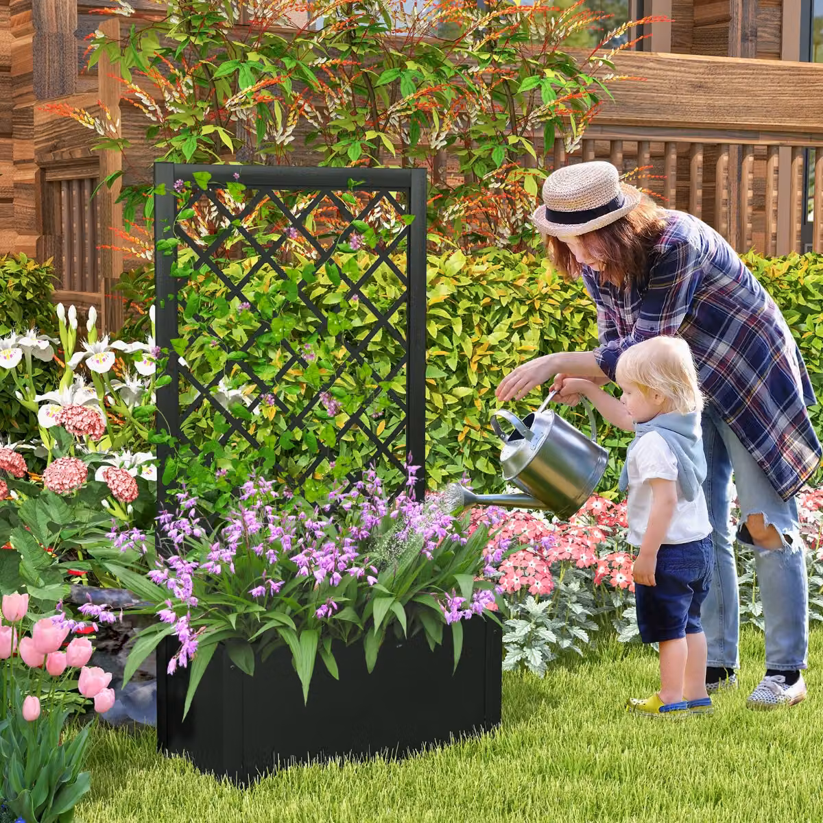 Letto da giardino rialzato Costway con traliccio da 112 cm per piante rampicanti in WPC nero per interno ed esterno
