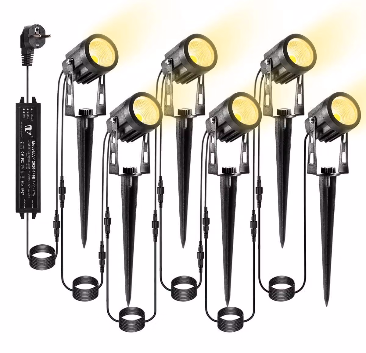 Set di 6 faretti LED per esterni, grado di protezione IP65, luce bianco caldo, 2700K, 1800 lumen, 12V, alluminio