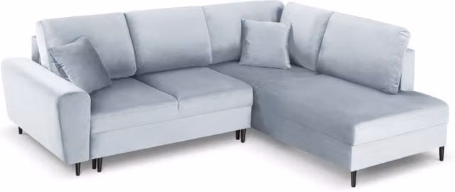 Divano convertibile angolare destro con contenitore Kyoto di Cosmopolitan Design, 5 posti in velluto azzurro, L: 243 cm, P: 194 cm, H: 88 cm