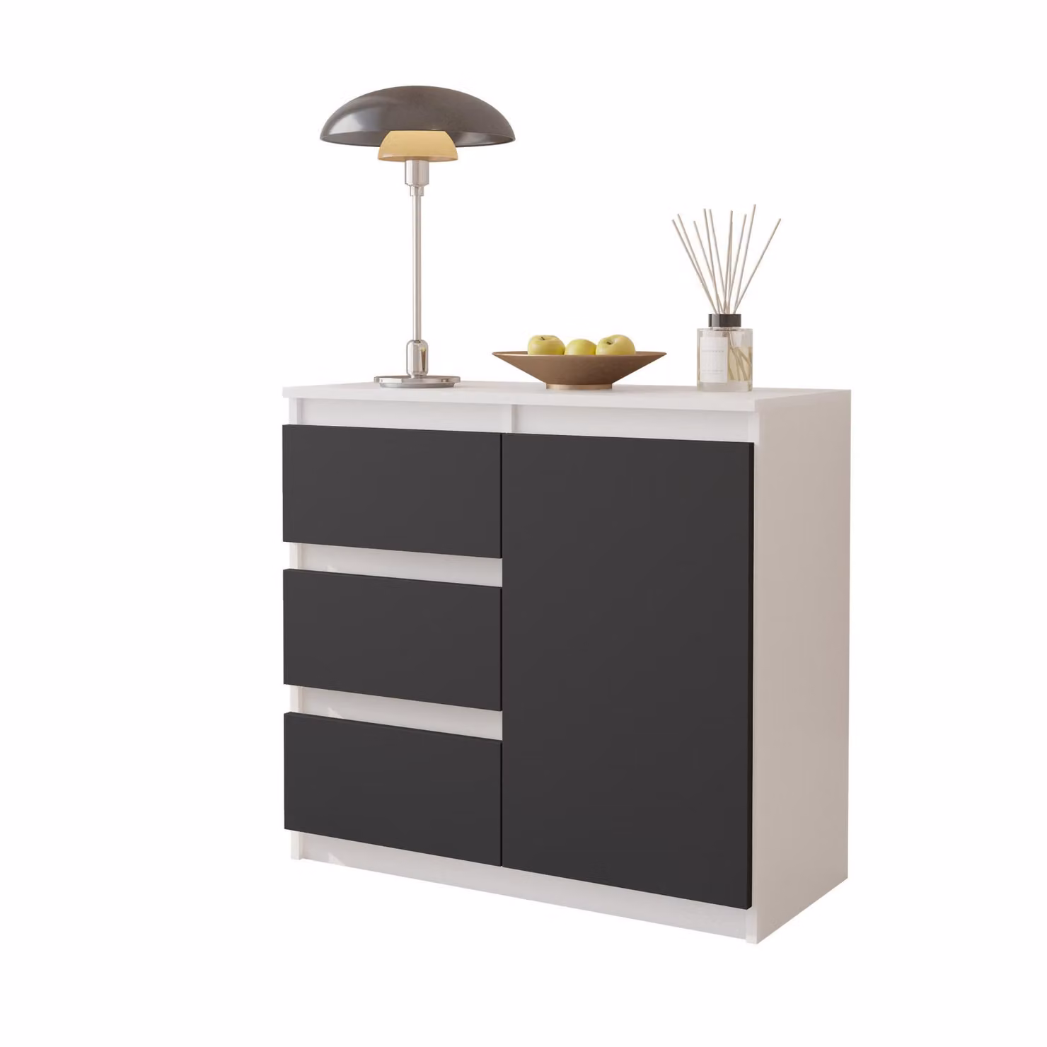 MIKEL - Cassettiera / credenza con 3 cassetti e 1 anta - bianco opaco / grigio antracite H75cm L80cm P35cm