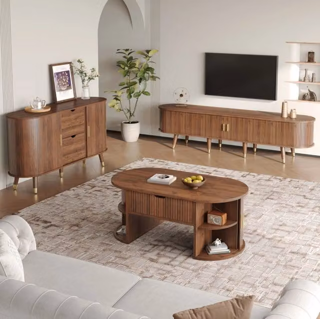 Set mobili soggiorno 3 pezzi in MDF noce con tavolino regolabile, mobile TV e sideboard con ante scorrevoli