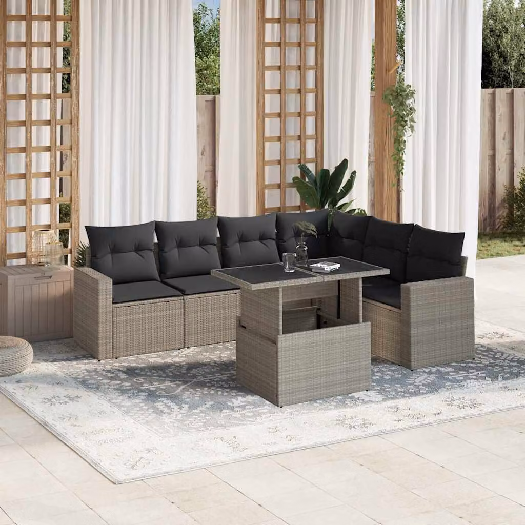 Set Divani da Giardino vidaXL 7 Pezzi a Forma di L con Tavolino in Vetro e Cuscini Antracite – 1