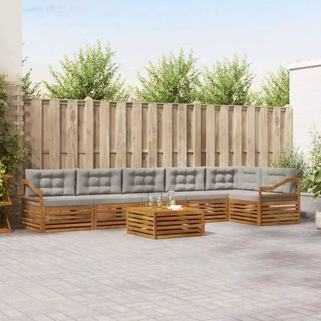 Set di divani da esterno vidaXL a forma di L composto da 7 pezzi con tavolino da caffè, in legno di acacia trattato e cuscini grigi per giardino e terrazza – 1