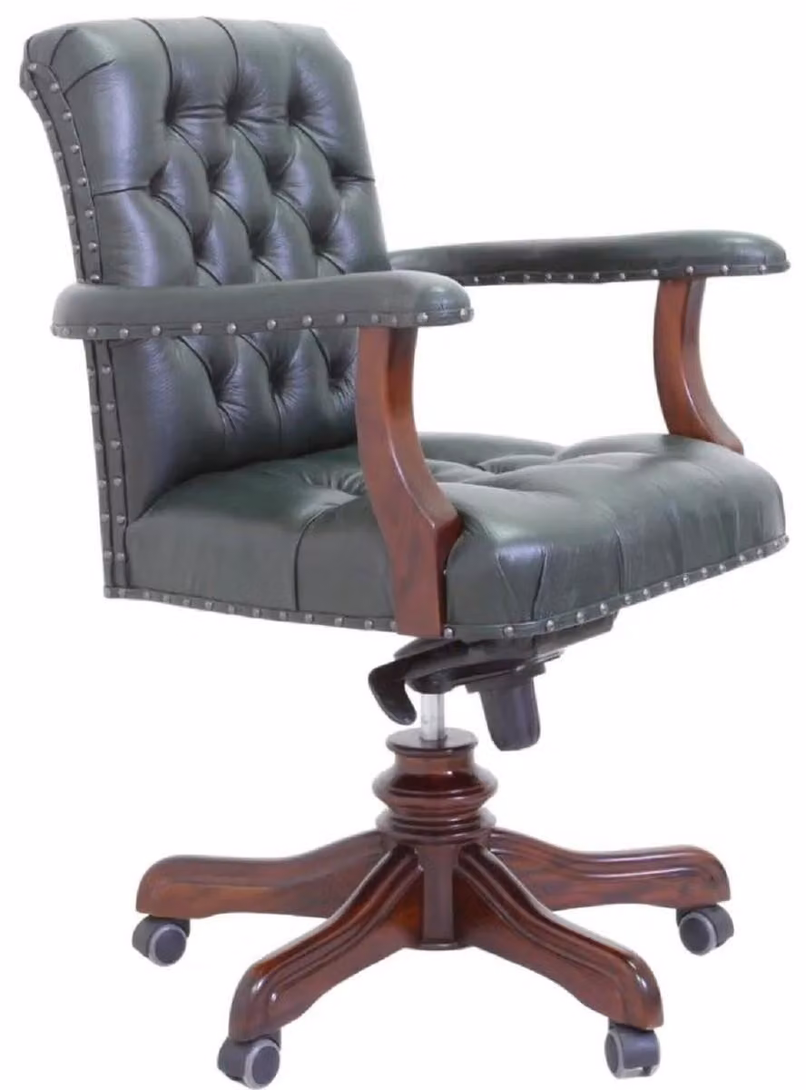 Casa Padrino sedia da scrivania Chesterfield in vera pelle verde / marrone - Mobili da ufficio Chesterfield