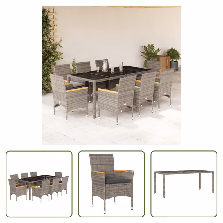 The Living Store Set da pranzo da giardino 9 pezzi con cuscini in poly rattan grigio e vetro